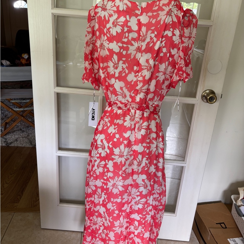 DKNY Floral Red and Cream Midi Dress - Picture 4 of 7